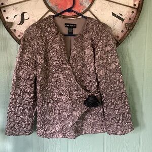 Cachet size Small smoky champagne colored tufted crinkle V wrap sequin trim top